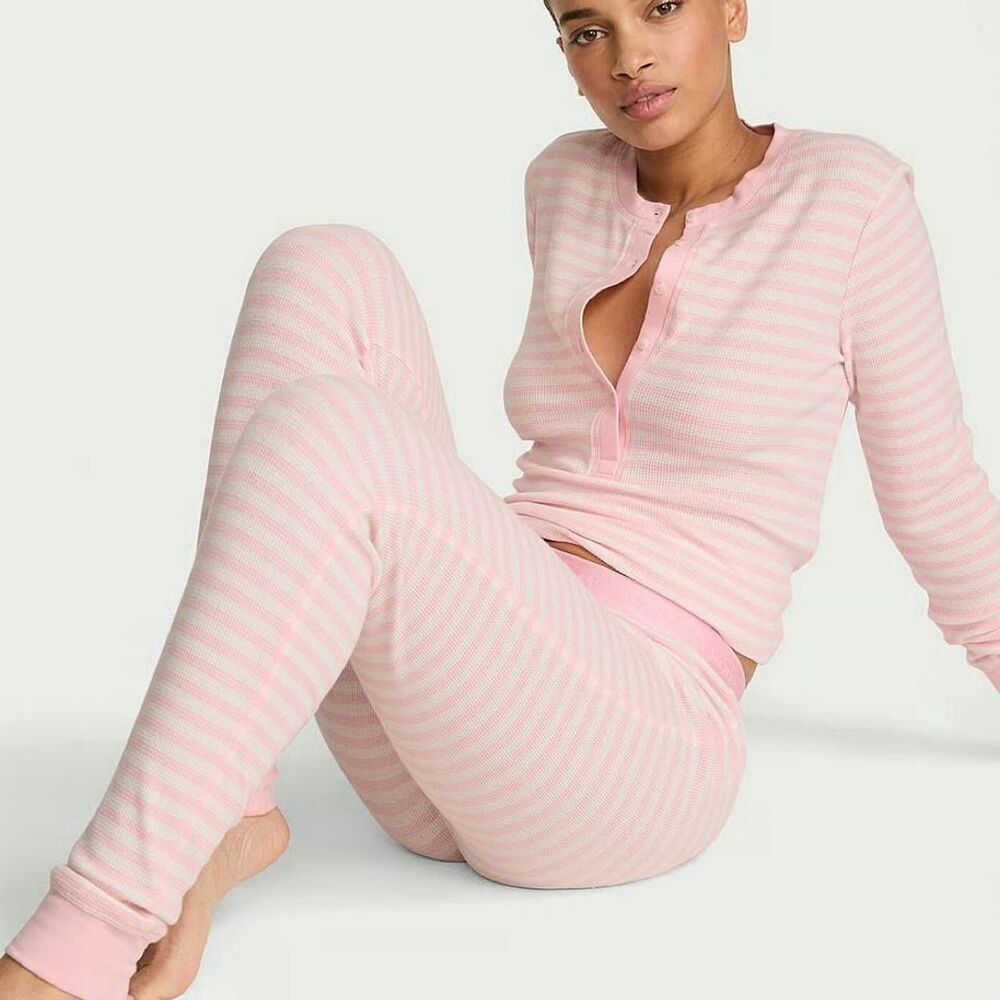 Victoria's Secret NEW pink striped Henley pajama set Size Medium | Cozy Fall PJs - Picture 11 of 12